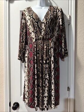 Calvin Klein Burgundy, Brown and Cream Snake Print V-Neck Midi Dress